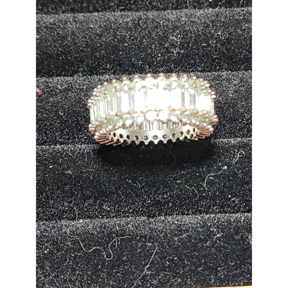 Silver Tone Triplerow Clear CZ Eternity Ring Center Is Baggutte Cuts Size 6.5